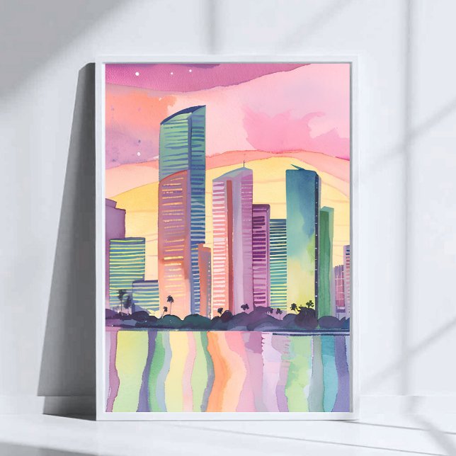 Affiche Ville de couleur | Miami Floride Aquarelle Skyline (Créateur téléchargé)