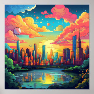 Affiche Ville de dessin coloré au coucher du soleil