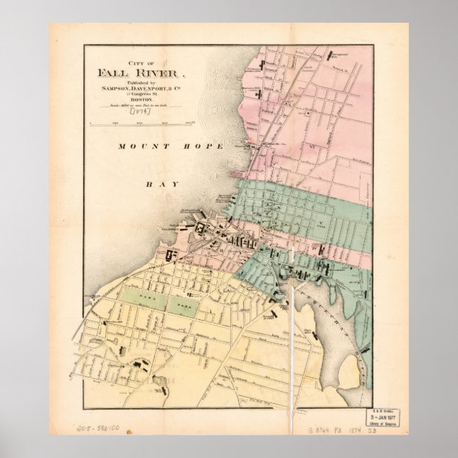 Affiche Ville de Fall River, Massachusetts Map (1874) (Devant)