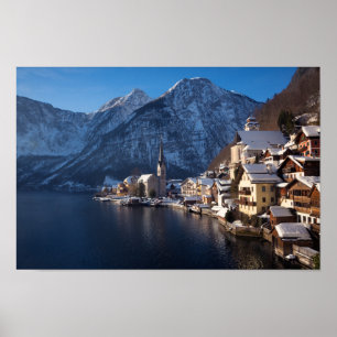 Affiche Ville de Hallstatt dans la neige en hiver