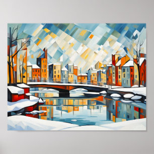 Affiche Ville de neige cubiste avec ponts de canal