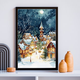 Affiche Ville de Noël illustrative dans la neige