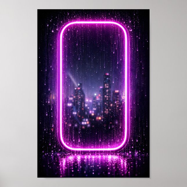 Affiche Ville de Pluie sous Cadre Néon Synthwave (Devant)