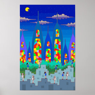 Affiche Ville de vitraux sur une nuit étoilée.