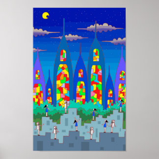 Affiche Ville de vitraux sur une nuit étoilée.
