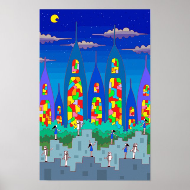 Affiche Ville de vitraux sur une nuit étoilée. (Devant)