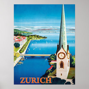 Affiche Ville de Zurich, Suisse, vue régionale sur tour de