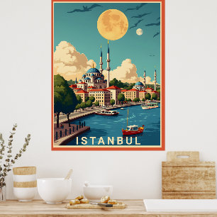 Affiche Ville d'Istanbul avec Pleine lune