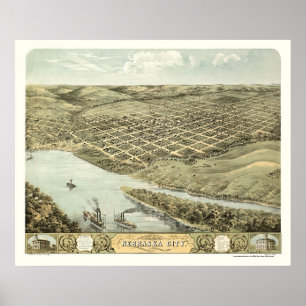 Affiche Ville du Nébraska, carte panoramique de Ne - 1868