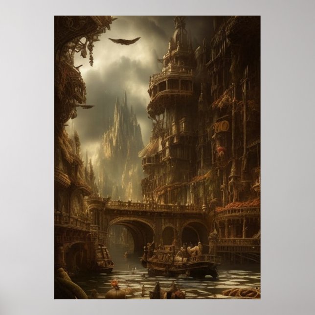 Affiche Ville fantastique la rivière le pont les bâtiments (Devant)