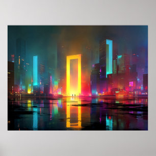 Affiche Ville futuriste avec portail néon radieux