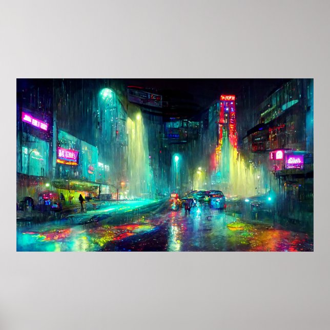 Affiche Ville futuriste paysage avec des bâtiments, gens (Devant)