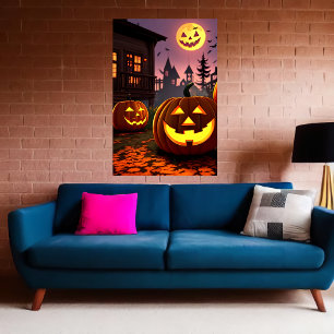 Affiche Ville, lune citrouille et citrouille AI Art Post