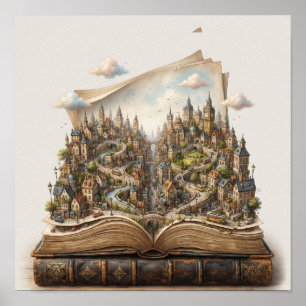 Affiche Ville Miniature à l'Intérieur d'un Livre Ouvert –