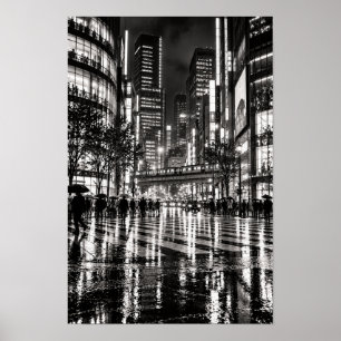Affiche Ville nocturne pluvieuse avec train surélevé noir 