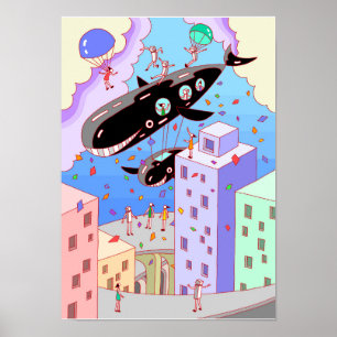 Affiche Ville où se déplace le dirigeable baleine.