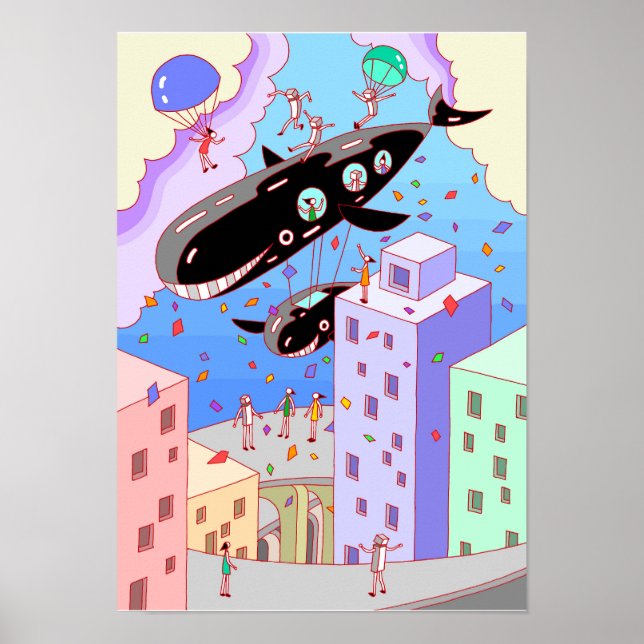 Affiche Ville où se déplace le dirigeable baleine. (Devant)