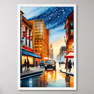 Affiche ville peinture coloré nuit lumière neige d'hiver v