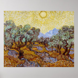 Affiche Vincent van Gogh - Oliviers, ciel jaune et soleil