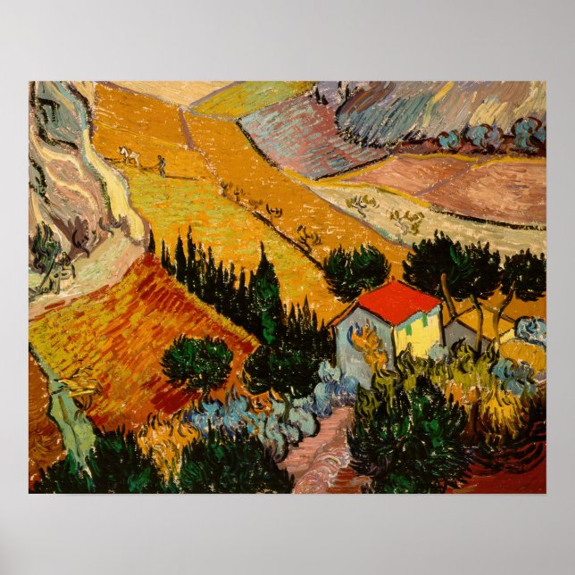 Affiche Vincent van Gogh - Paysage, Maison et Plowman (Devant)