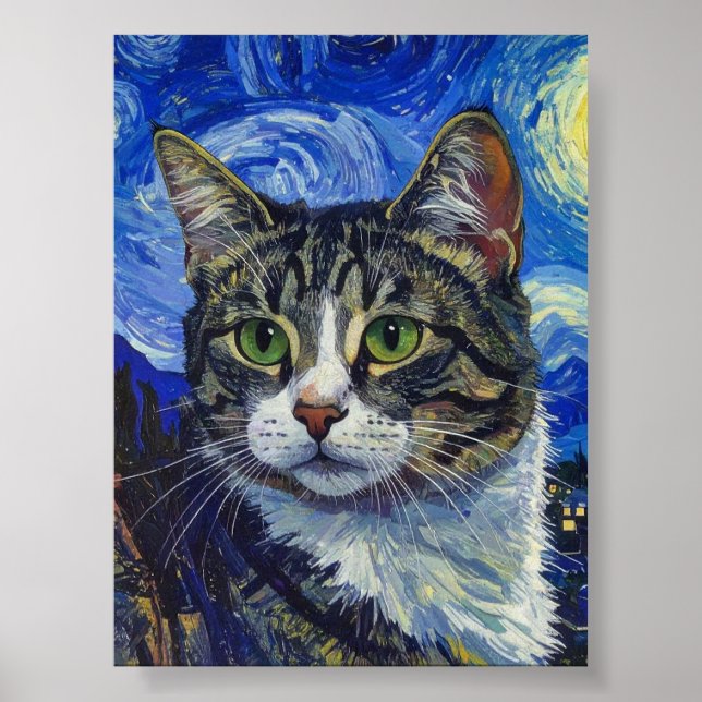 Affiche Vincent Van Gogh Starry Night Cat Portrait (Devant)
