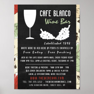 Affiche Vins Et Raisins, Bar À Vins Floral Chalkboard / Vi