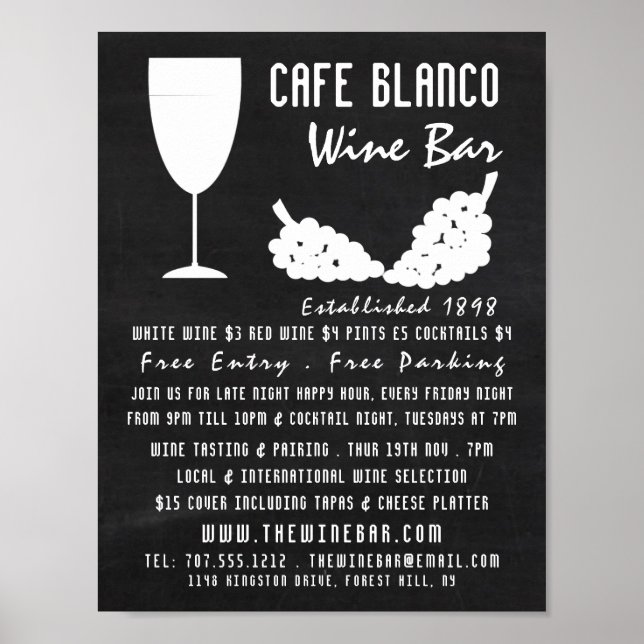 Affiche Vins & Raisins, Chalkboard Wine Bar / Winery Adver (Devant)