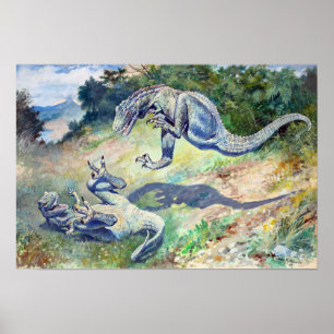 Affiche Vintage 1897 Lutte contre les dinosaures par Charl