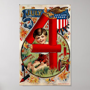 Affiche Vintage 4 juillet Garçon avec Fireworks Imprimer