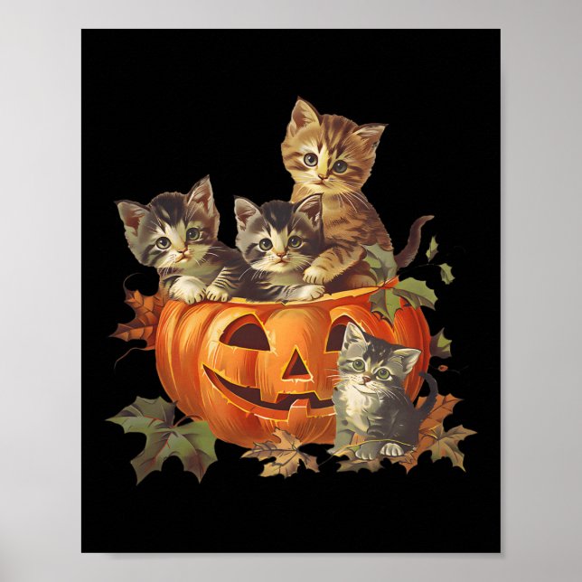 Affiche Vintage 90s Chat Retro Citrouille Kittens Hallowee (Devant)