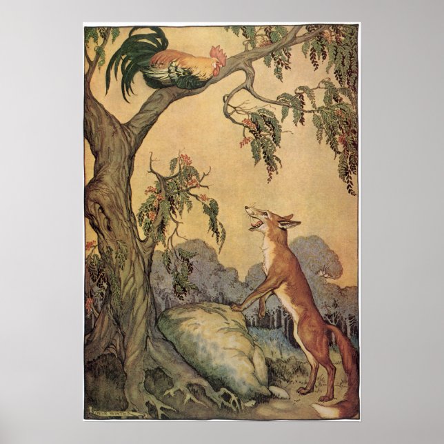 Affiche Vintage Aesop's Fables, Fox, Rooster et le Chien (Devant)