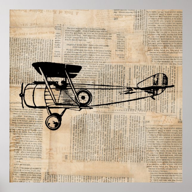 Affiche Vintage Airplane Antique Plane on Newspaper Text (Devant)
