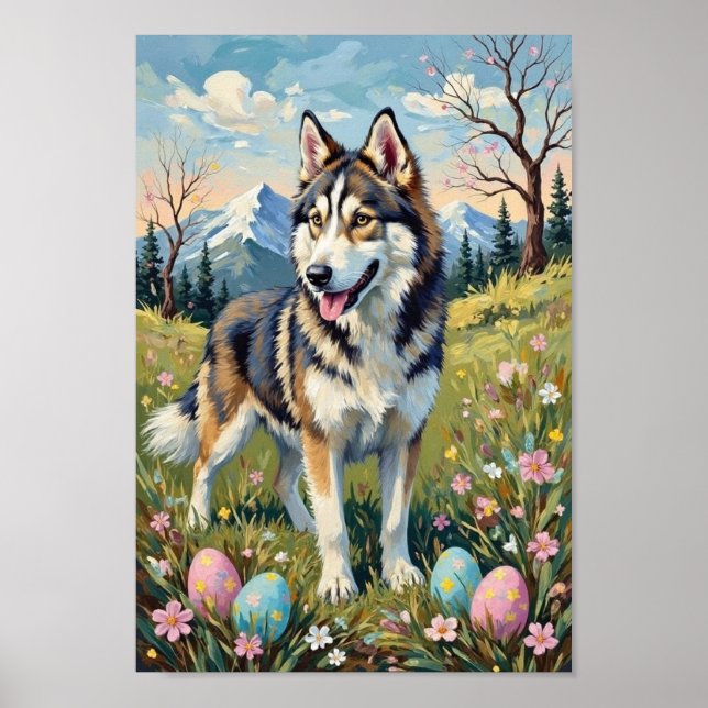 Affiche Vintage Alaskan Malamute Easter Spring Art (Devant)