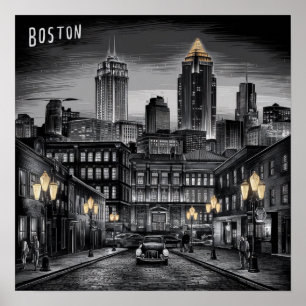 Affiche Vintage America Skyline de la ville de Boston, Bos