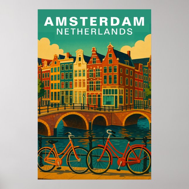 Affiche Vintage Amsterdam Netherlands Canals & Bicycle (Devant)