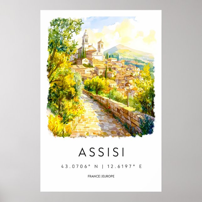 Affiche vintage aquarelle Assise Voyage national (Devant)