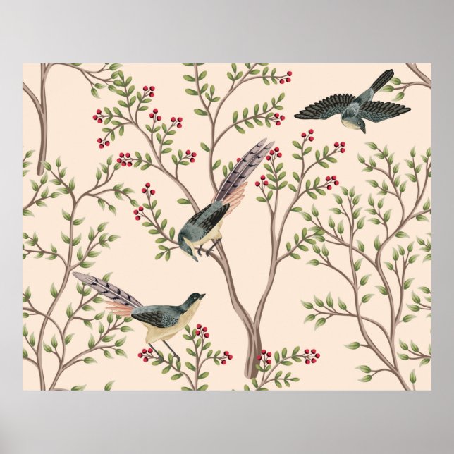 Affiche Vintage arbre de jardin, oiseau floral sans coutur (Devant)