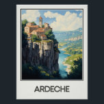 Affiche vintage Ardèche, village perché<br><div class="desc">Affiche vintage de l’Ardèche représentant un village pittoresque perché sur une falaise surplombant une rivière sinueuse. Ses maisons en pierre aux toits orangés s’intègrent harmonieusement dans un paysage naturel spectaculaire. Une décoration parfaite pour une touche authentique et dépaysante.</div>