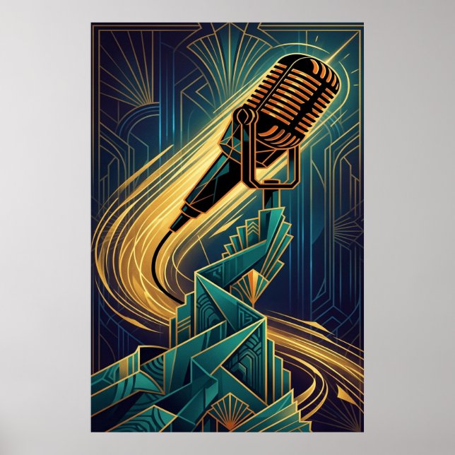 Affiche Vintage Art Deco Microphone Music Gold & Teal (Devant)