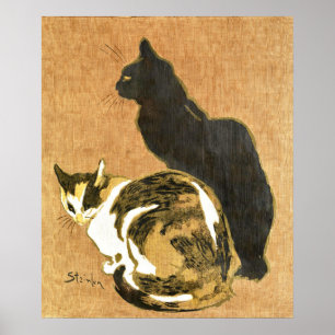 Affiche Vintage Art Nouveau Chats Couple, Noir & Calico