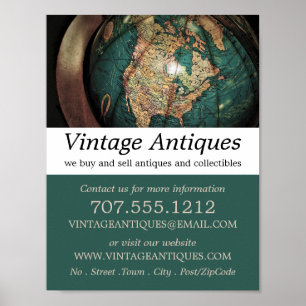 Affiche Vintage Atlas Globe, Antique Dealer, Magasin