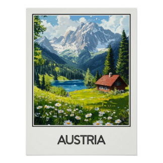 Affiche vintage Austria, chalet au cœur des Alpes