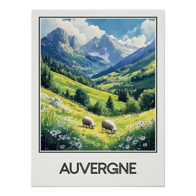 Affiche vintage Auvergne, vallée verdoyante et som (Devant)