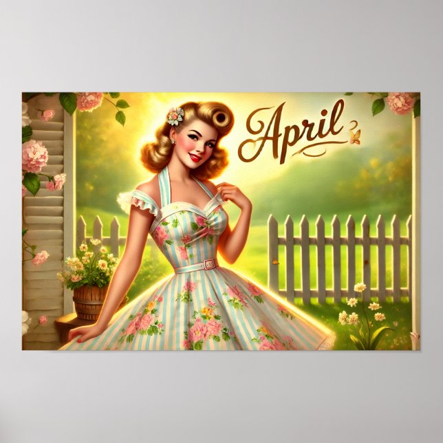 Affiche vintage avril pin-up jardin de printemps (Devant)