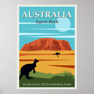 Affiche Vintage Ayers Rock Australie Kangaroos Travel