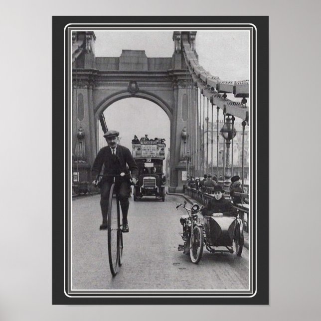 Affiche Vintage B&W Penny Farthing / Hammersmith Bridge (Devant)