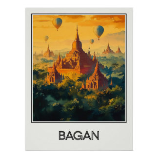 Affiche vintage Bagan, temples et montgolfières au