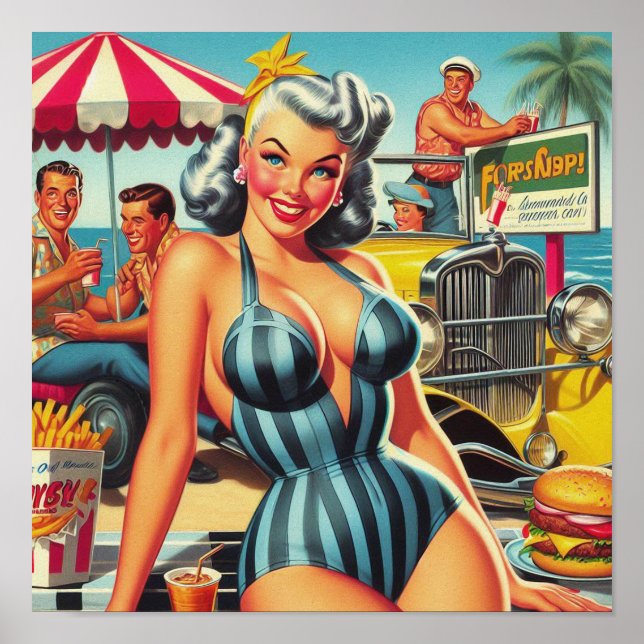 Affiche Vintage Beach Pin-up (Devant)