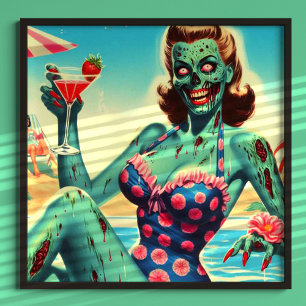 Affiche Vintage Beach Zombie Pin-up