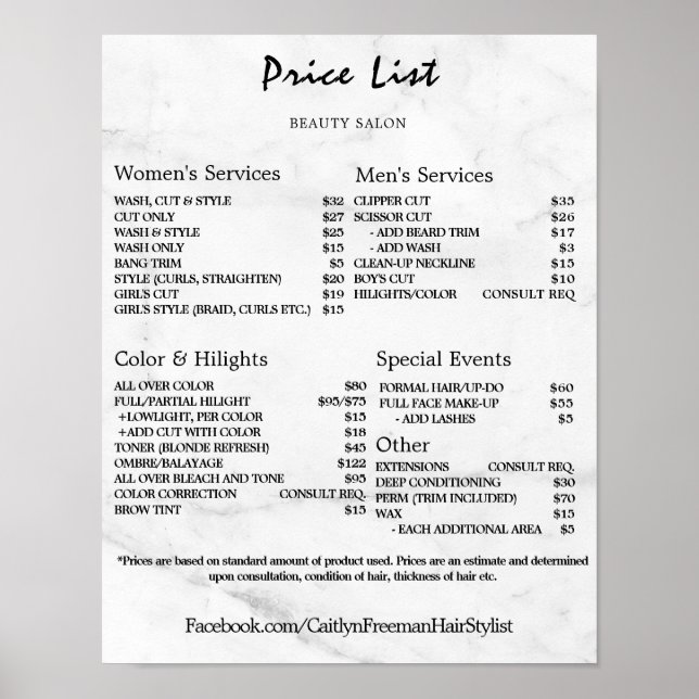 Affiche Vintage Beauty Salon Price List (Devant)